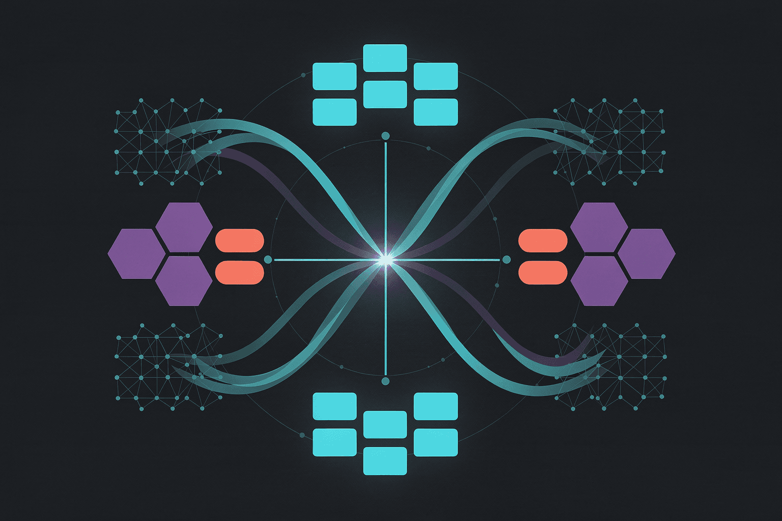 Four glowing tool clusters on a dark grid — site builders, apps, mobile, and internal tools — linked by radial pathways.