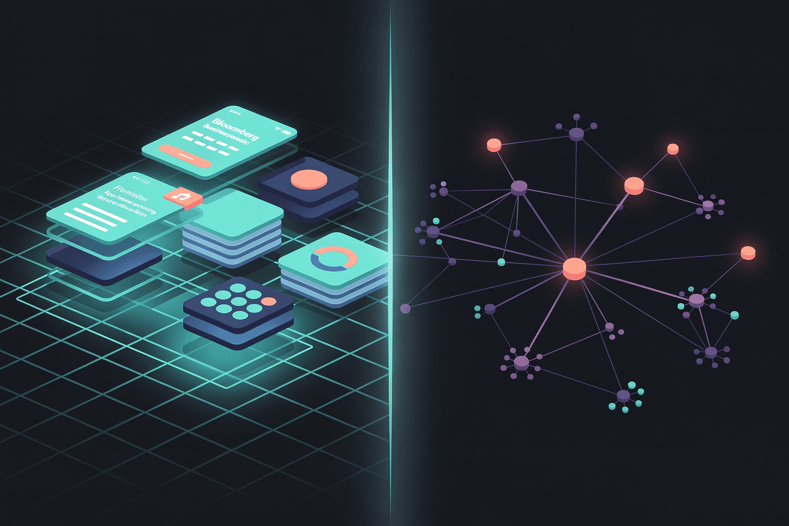 Spreadsheet rows transforming into app shapes on the left, empty relational nodes being wired from scratch on the right.