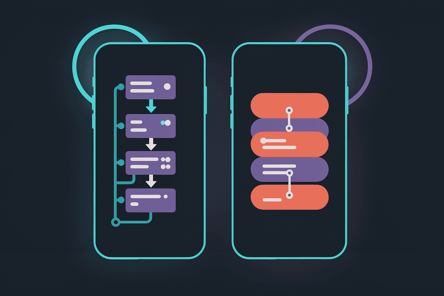 Two device silhouettes: dense violet widget tree for FlutterFlow on the left, loose card stack for Adalo on the right.