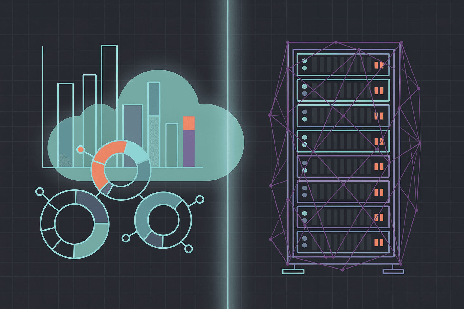 Cyan SaaS chart silhouettes versus violet server-rack layers — cloud convenience facing self-hosted sovereignty.