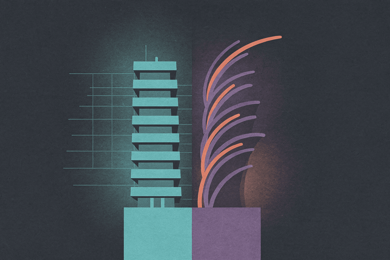 Two abstract towers from a shared base — teal CMS foundations left, violet animation arcs right.