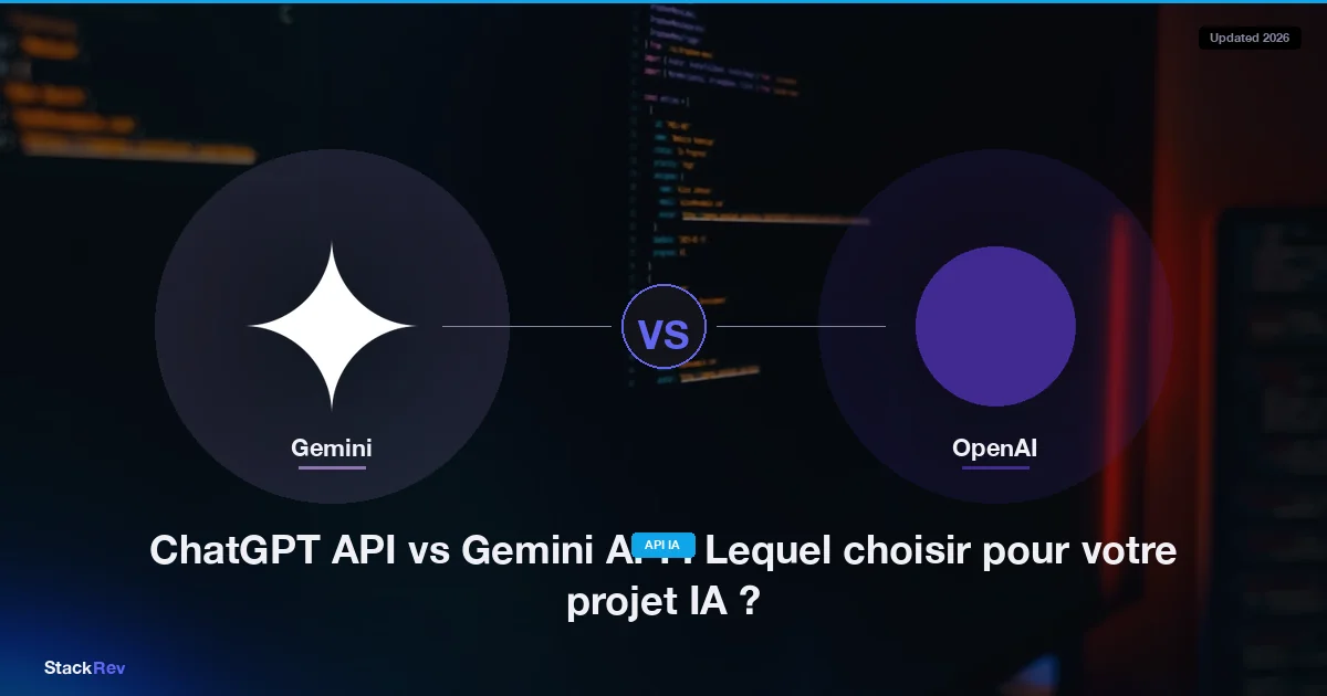 Branded digital illustration comparing ChatGPT and Gemini APIs with dark navy background and orange/indigo accents.
